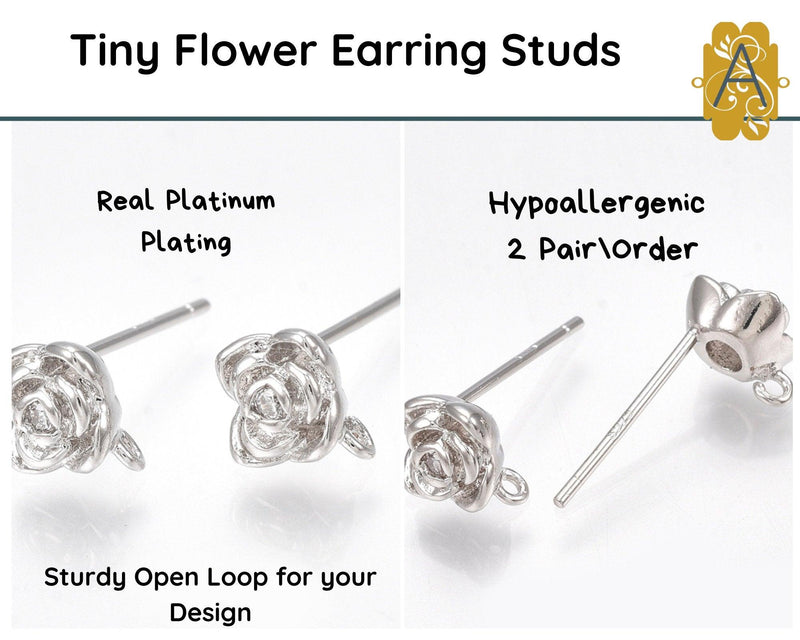 Tiny Flower, Fancy Earring Studs or Posts, Real Platinum Plating, Hypoallergenic, 2 Pair - The Argus Collection