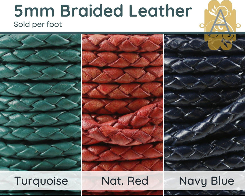 Superior Round Braided Leather, 5mm, Sold per foot, 11 Colors - The Argus Collection