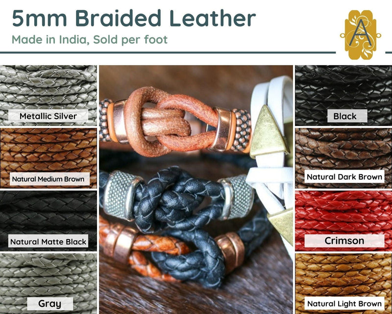 Superior Round Braided Leather, 5mm, Sold per foot, 11 Colors - The Argus Collection