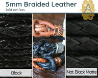 Superior Round Braided Leather, 5mm, Sold per foot, 11 Colors - The Argus Collection