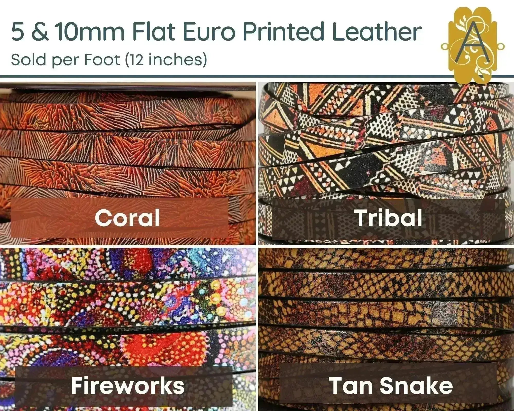 Beautifully Printed Flat Leather, 5mm or 10mm, 4 Prints - The Argus Collection