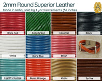 Superior Round Leather, 2mm, Sold per yard, 11 Colors - The Argus Collection