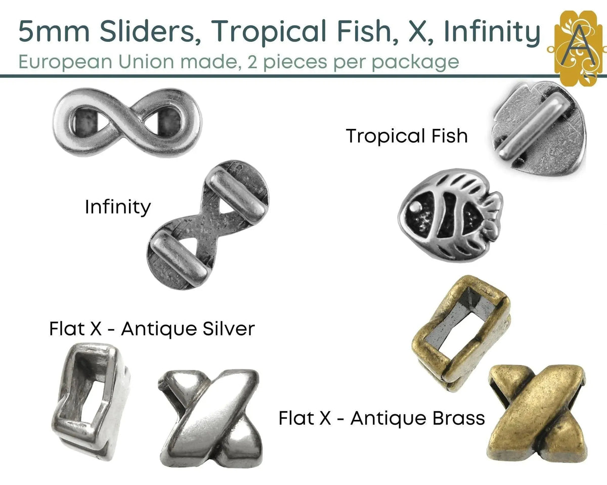 Assorted Sliders for Leather or Cork, 5mm, Tropical Fish, Flat X, Infinity Slider - The Argus Collection