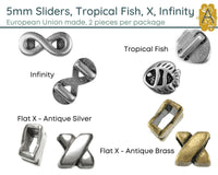 Assorted Sliders for Leather or Cork, 5mm, Tropical Fish, Flat X, Infinity Slider - The Argus Collection