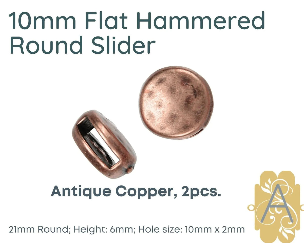 Flat Hammered Round Sliders for Leather or Cork, 10mm, in 4 Finishes - The Argus Collection