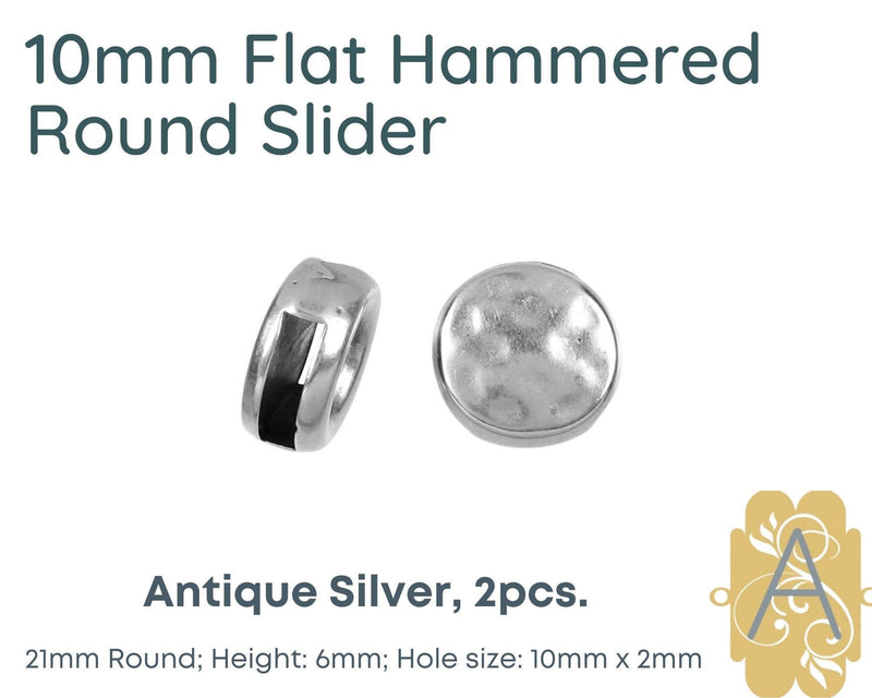 Flat Hammered Round Sliders for Leather or Cork, 10mm, in 4 Finishes - The Argus Collection