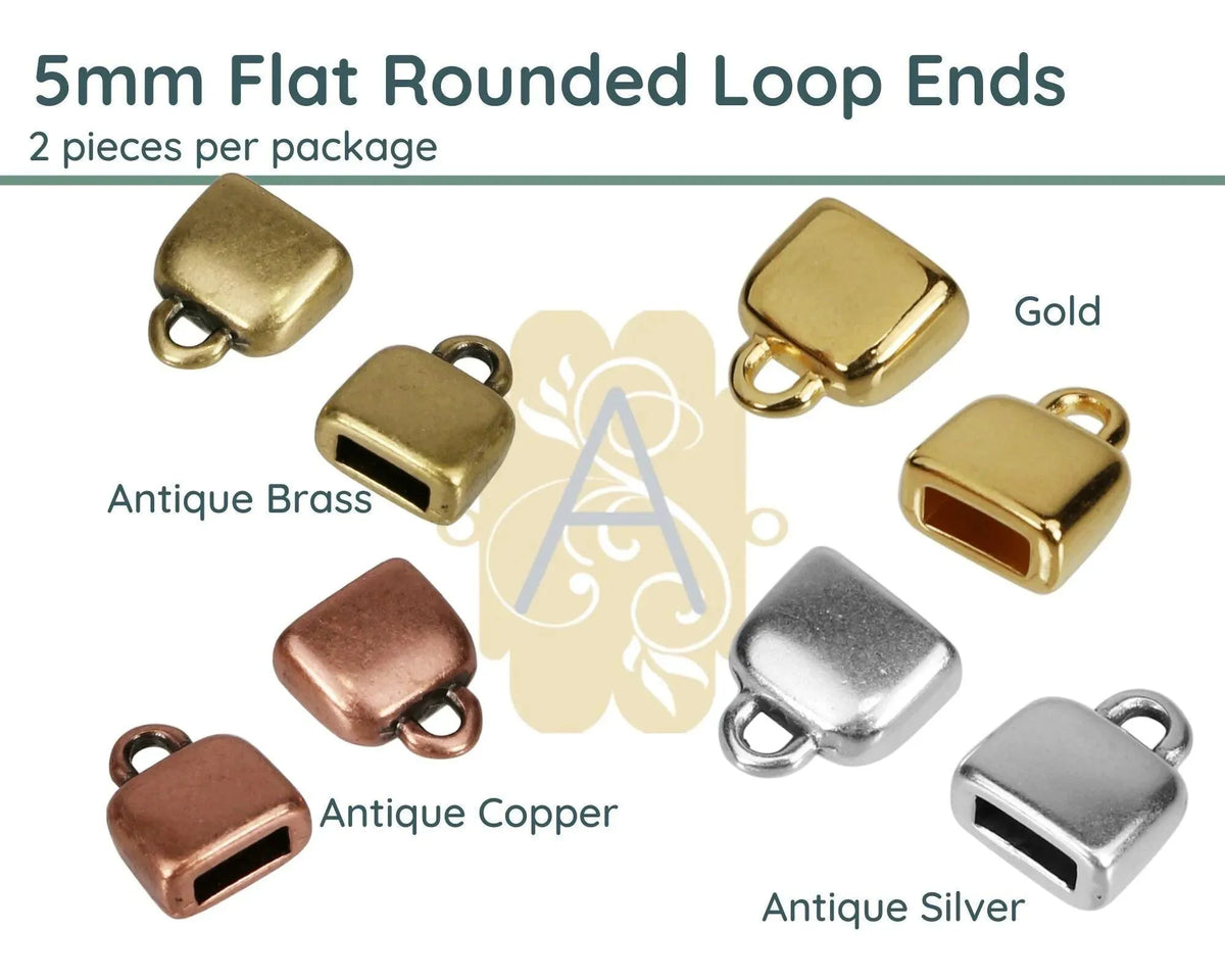 Flat Rounded Loop Ends for Leather or Cork, 5mm in 4 Finishes - The Argus Collection