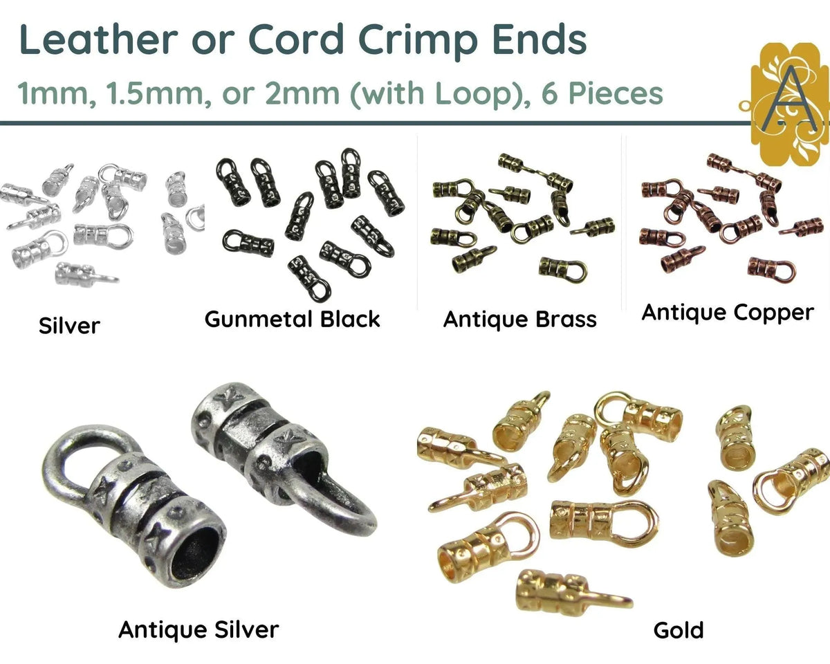 Leather or Cord Crimp Ends with Loop, 1, 1.5, 2 or 2.5mm, 6 Pcs. - The Argus Collection