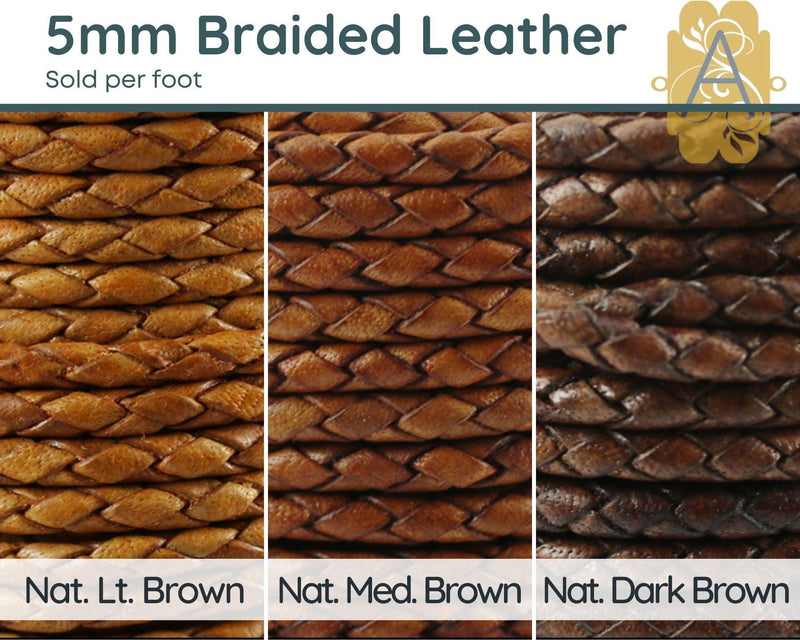 Superior Round Braided Leather, 5mm, Sold per foot, 11 Colors - The Argus Collection