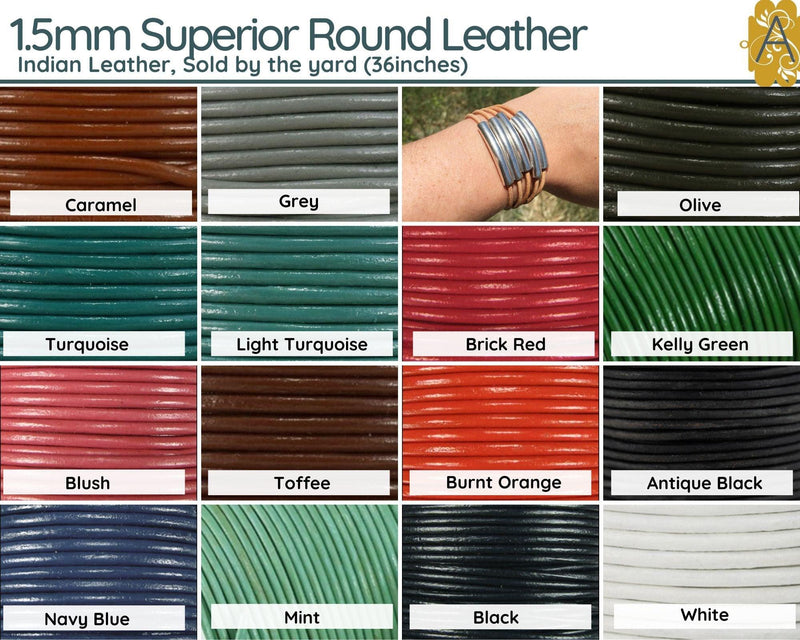 Superior Round Leather, 1.5mm, Sold by the yard, 15 Colors - The Argus Collection