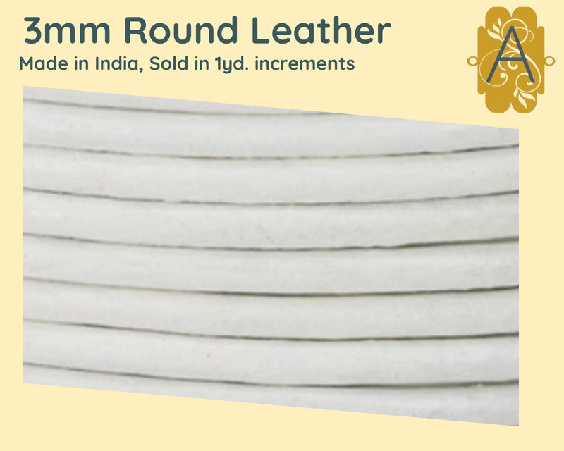 Superior Round Leather, 3mm, Sold per yard, White - The Argus Collection