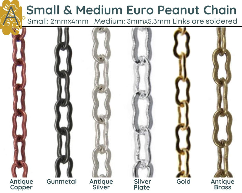 Small or Medium Peanut Euro Chain, sold per foot, Antique Brass, Ant. Copper, Ant. Silver, Gold, Silver Plated, Gunmetal, Made in Europe - The Argus Collection