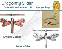 Dragonfly Sliders, for Round Leather or Cord, 2mm, in Antique Copper or Antique Silver - The Argus Collection