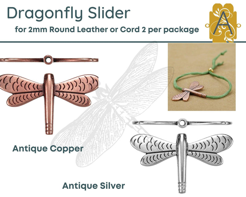 Dragonfly Sliders, for Round Leather or Cord, 2mm, in Antique Copper or Antique Silver - The Argus Collection