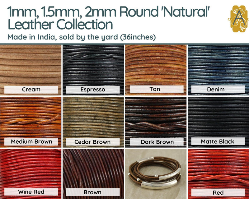 Superior Round Leather, 1mm, 1.5mm, & 2mm, Sold per yard, Natural Collection 11 Colors - The Argus Collection