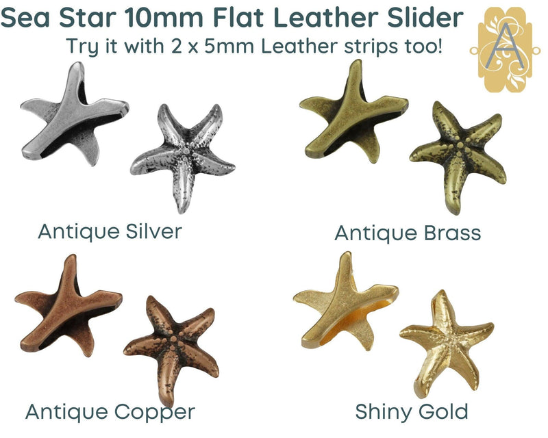 Sea Star Slider for Leather or Cork, 10mm, in 4 Finishes - The Argus Collection