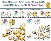 ROSE MONTEES, 36 Pcs., 3, 3.5, 4, 4.7mm, Czech Crystal, Silver or Gold Case with Crystal or Crystal AB Sone - The Argus Collection