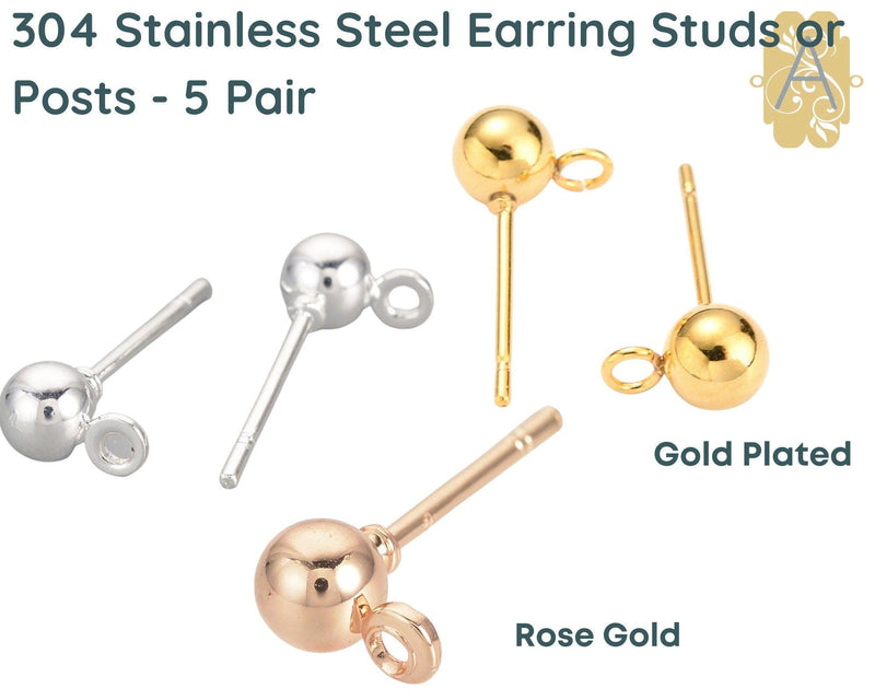 304 Stainless Steel Earring Studs or Posts, 5 Pair, 3 Finishes - The Argus Collection