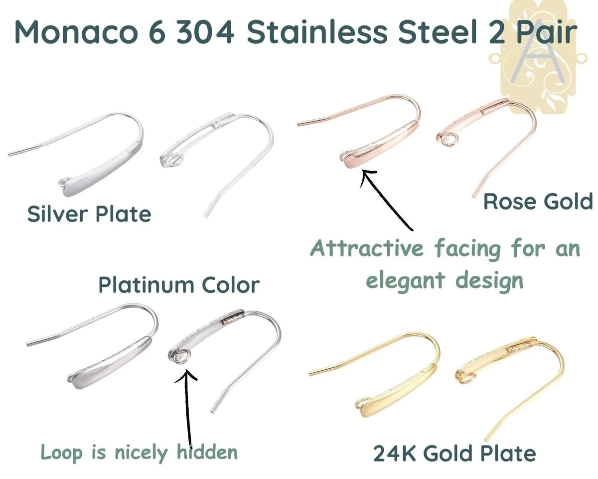 Monaco 6, 304 Stainless Steel Elegant Earring Wires in 4 Finishes - The Argus Collection