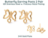 Butterfly Earring Posts, 2 Pair, Stainless Steel, Precious Metal Plating - The Argus Collection