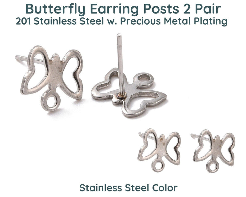 Butterfly Earring Posts, 2 Pair, Stainless Steel, Precious Metal Plating - The Argus Collection