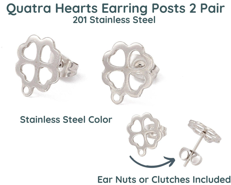 Quatro Hearts, Fancy Earring Posts, 24K Gold Plate or Stainless Steel - The Argus Collection