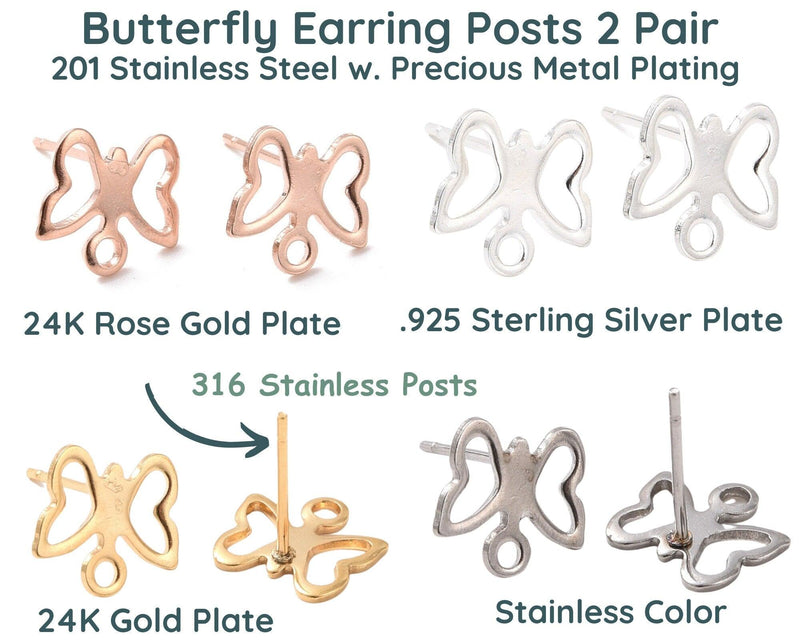 Butterfly Earring Posts, 2 Pair, Stainless Steel, Precious Metal Plating - The Argus Collection