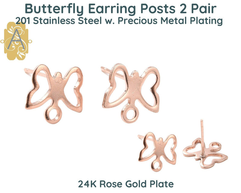 Butterfly Earring Posts, 2 Pair, Stainless Steel, Precious Metal Plating - The Argus Collection