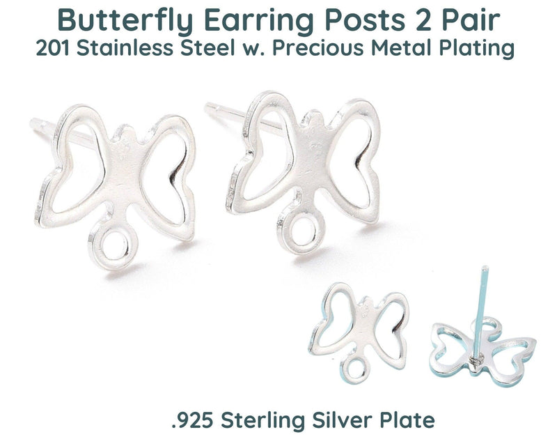 Butterfly Earring Posts, 2 Pair, Stainless Steel, Precious Metal Plating - The Argus Collection