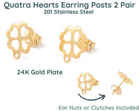 Quatro Hearts, Fancy Earring Posts, 24K Gold Plate or Stainless Steel - The Argus Collection