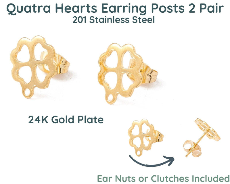 Quatro Hearts, Fancy Earring Posts, 24K Gold Plate or Stainless Steel - The Argus Collection