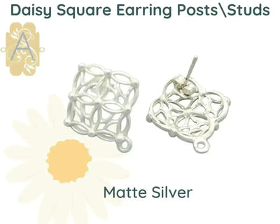 Daisy Square, Earring Studs or Posts, 2 Pair, Ear Clutch Included - The Argus Collection