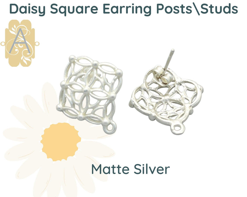 Daisy Square, Earring Studs or Posts, 2 Pair, Ear Clutch Included - The Argus Collection