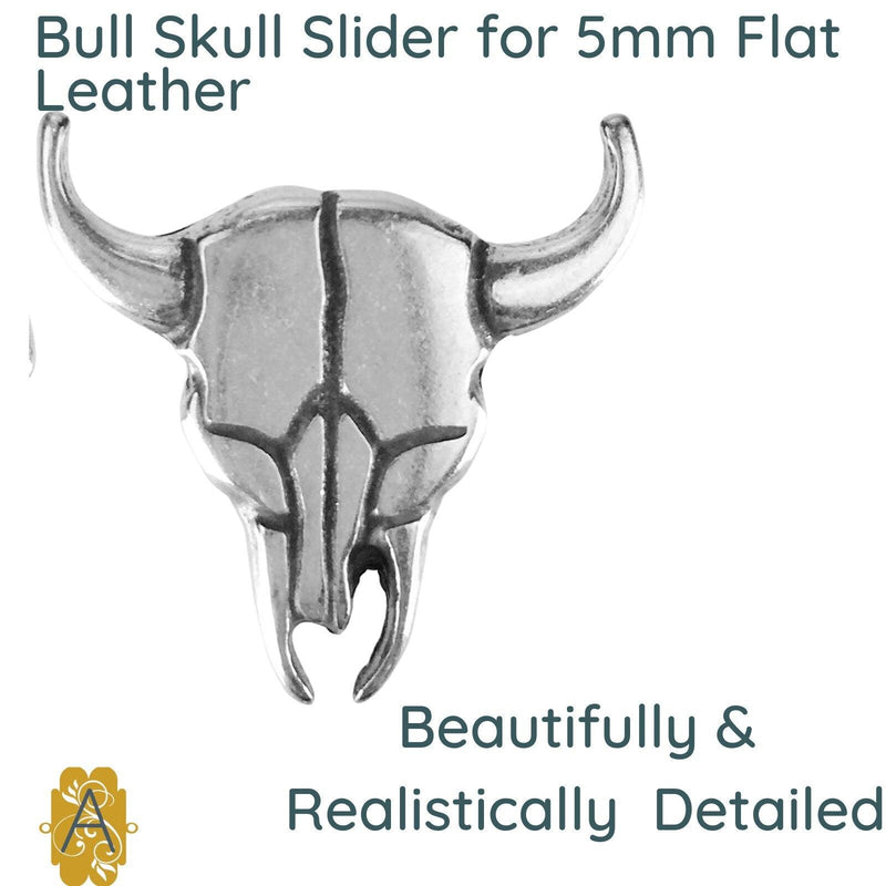 Bull Skull Sliders for Leather or Cork, 5mm in 99% Fine Silver Plating, Antique Silver - The Argus Collection