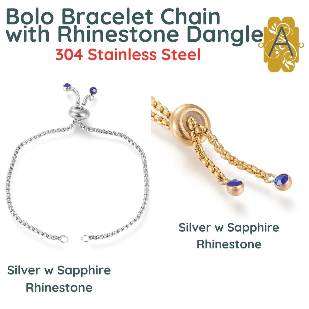 Bolo Bracelet Chains with Rhinestone Endings in 2 Finishes - The Argus Collection