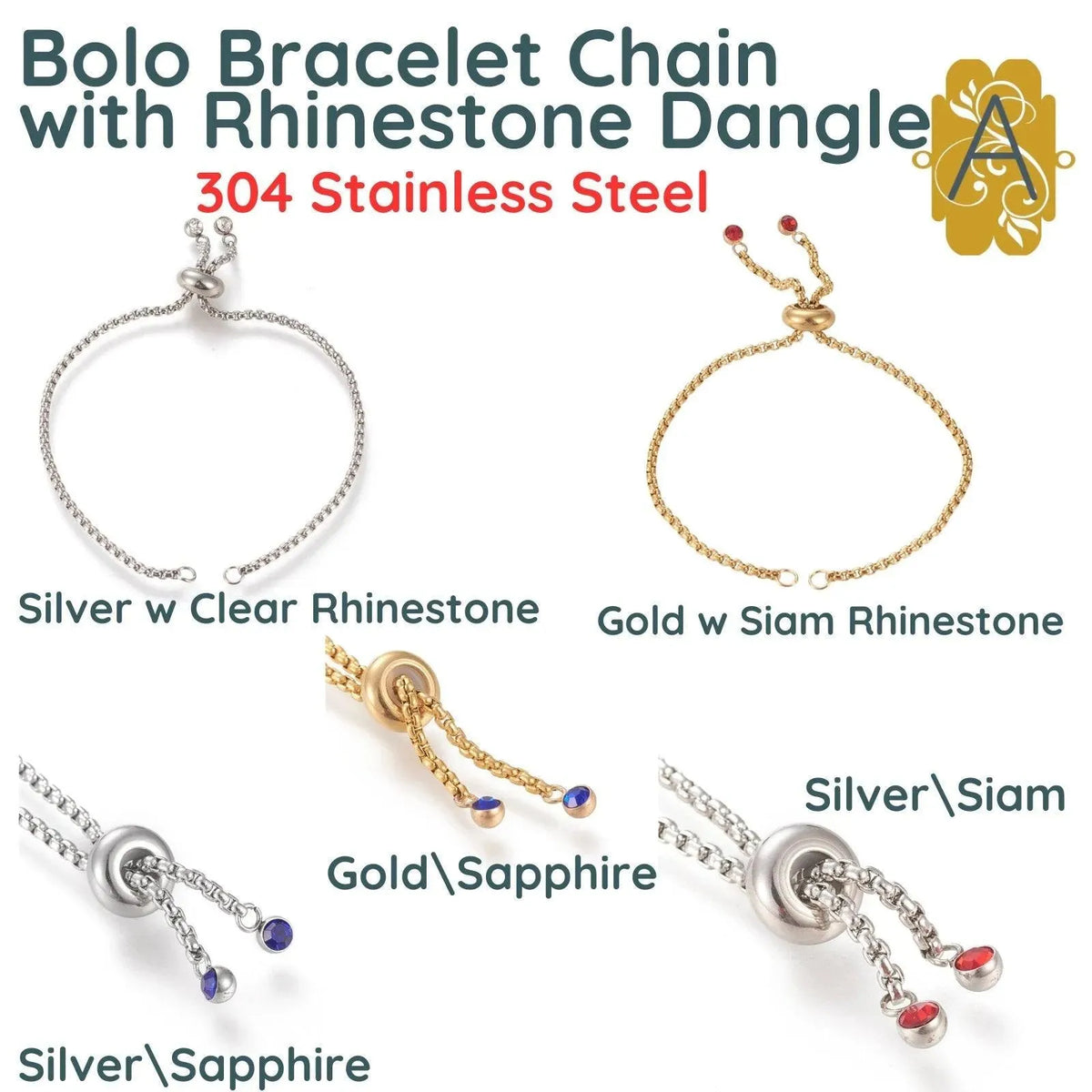 Bolo Bracelet Chains with Rhinestone Endings in 2 Finishes - The Argus Collection