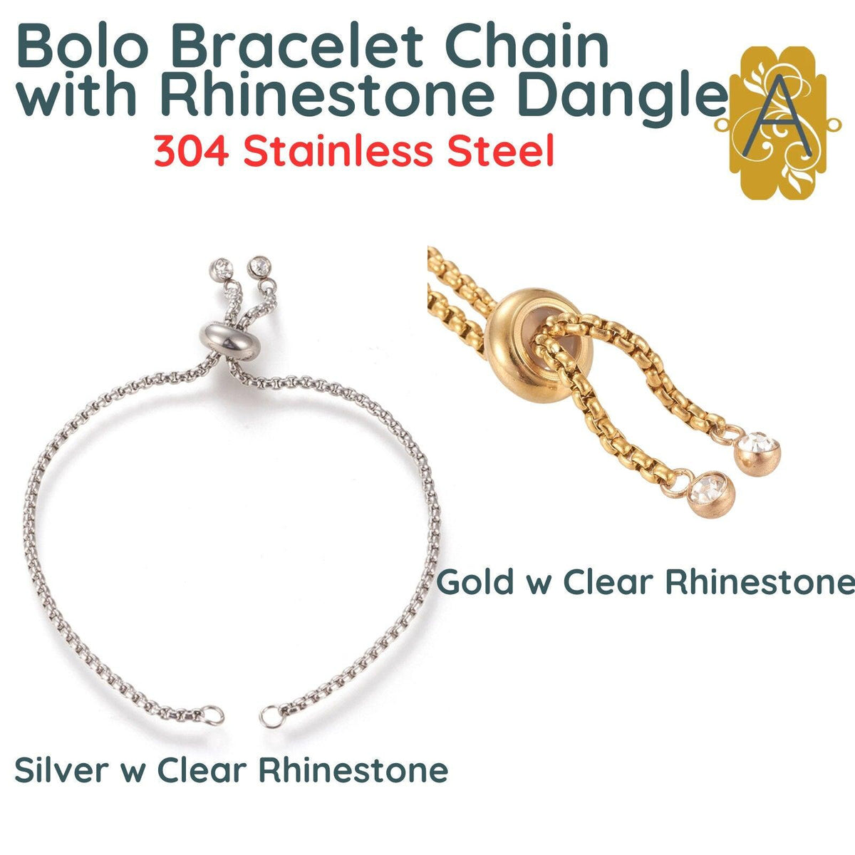 Bolo Bracelet Chains with Rhinestone Endings in 2 Finishes - The Argus Collection