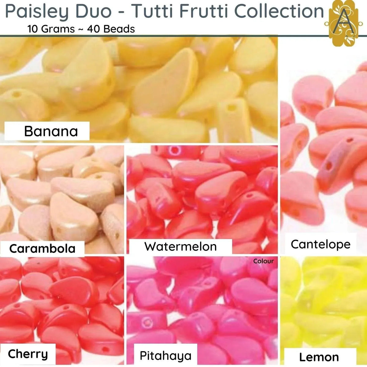 Paisleyduo 2-holed Beads, 10g., Tutti Frutti Collection, 7 Colors - The Argus Collection