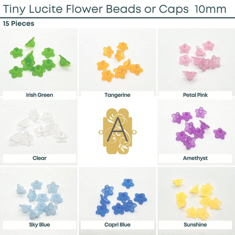 Tiny Lucite Flower Beads or Bead Caps, 10mm. 8 Colors - The Argus Collection