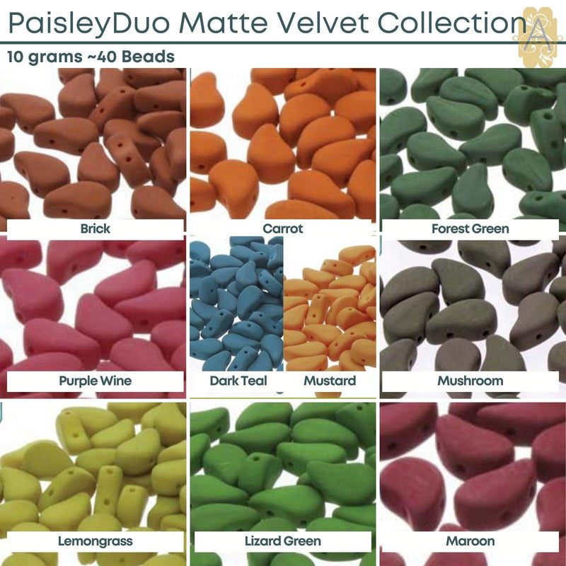 Paisleyduo 2-hole Beads, 10g., Matte Velvet Collection, 10 Colors - The Argus Collection