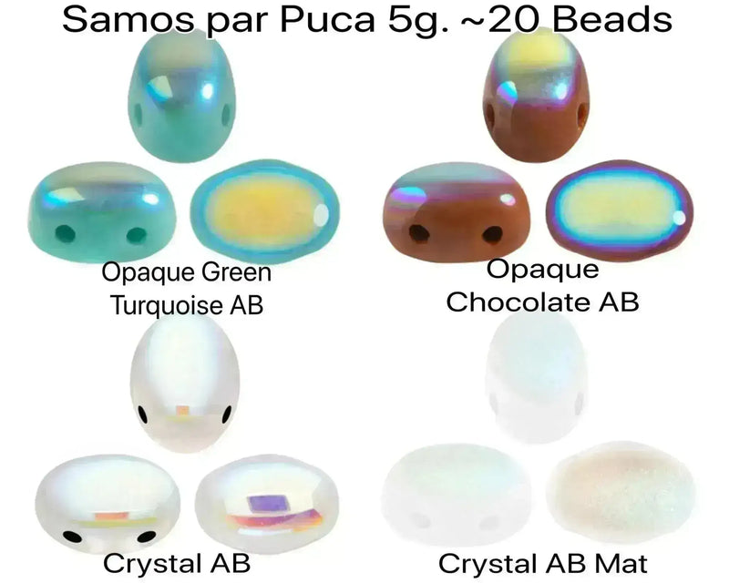 Color swatch of iridescent 2-hole beads labelled with their names and colors.