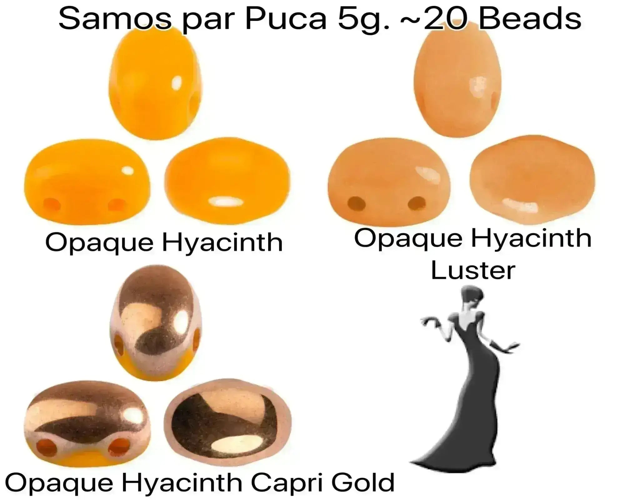 2-hole Beads in various oragne colors with labels on a white background