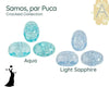 Cracked 2-hole beads in Aqua and Light Sapphire colors from the Samos, par Puca collection.
