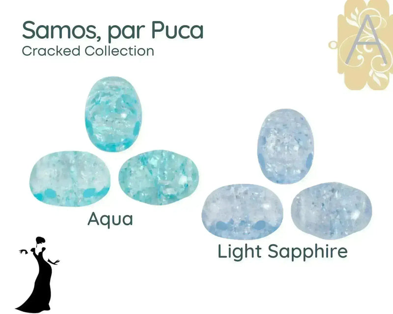 Cracked 2-hole beads in Aqua and Light Sapphire colors from the Samos, par Puca collection.