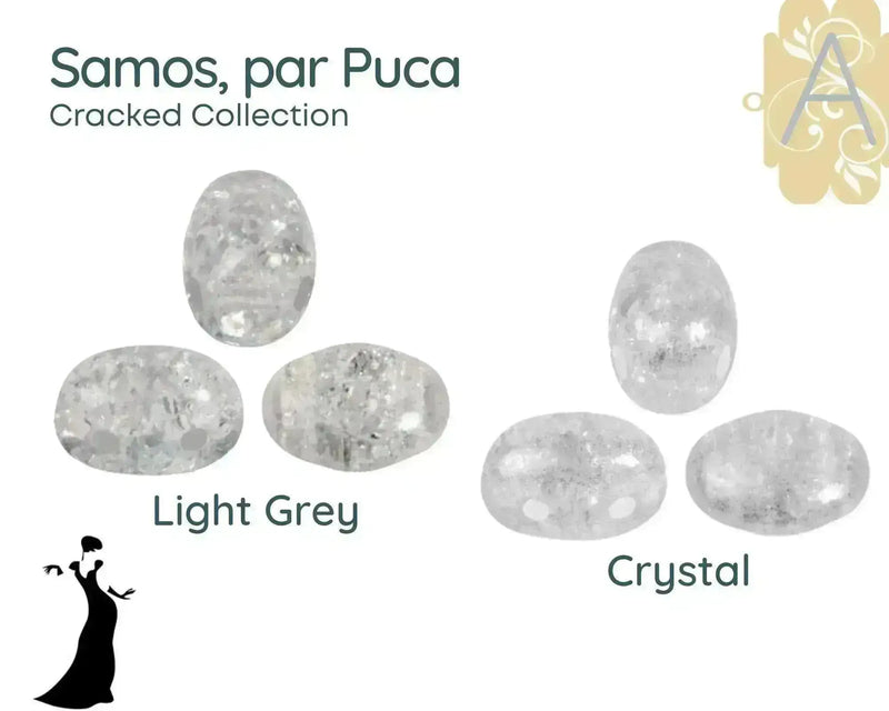 Light grey and crystal colored 2-hole beads from the Cracked Collection by Puca on a white background.