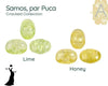 Collection of lime and honey-colored 2-hole beads with 'Samos, par Puca' text and 'Cracked Collection' label.