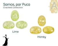 Collection of lime and honey-colored 2-hole beads with 'Samos, par Puca' text and 'Cracked Collection' label.