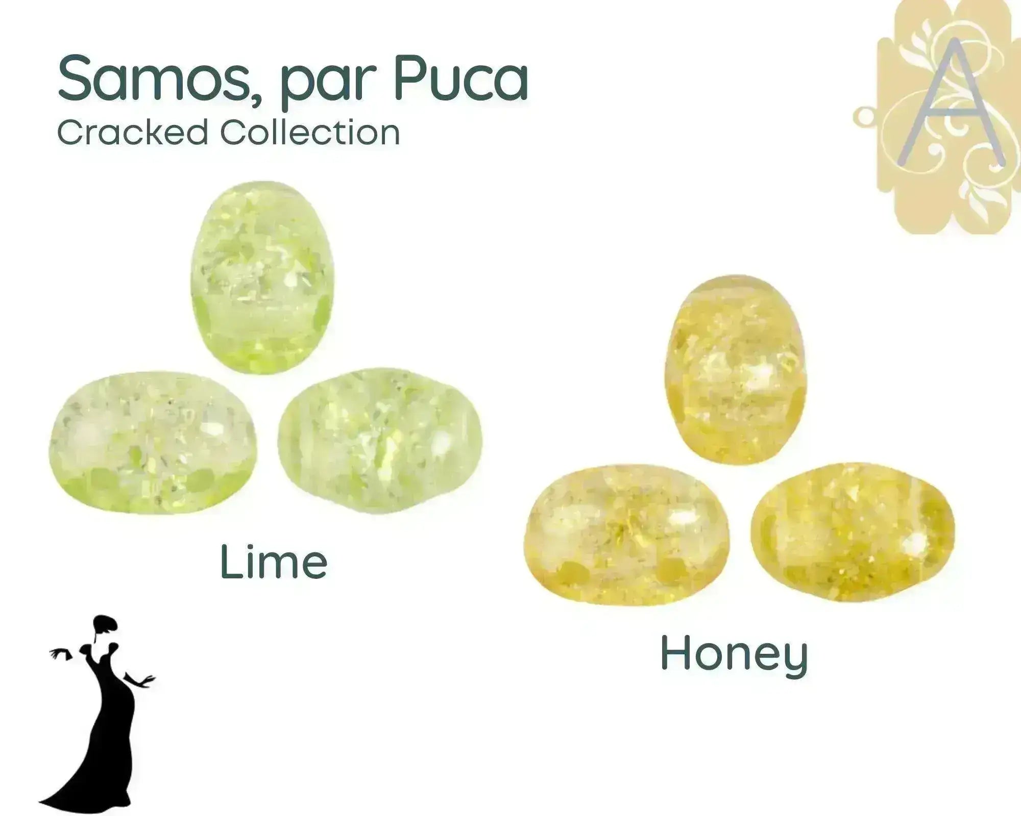 Collection of lime and honey-colored 2-hole beads with 'Samos, par Puca' text and 'Cracked Collection' label.