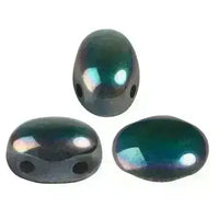 Three metallic green 2-hole beads with a reflective surface on a white background