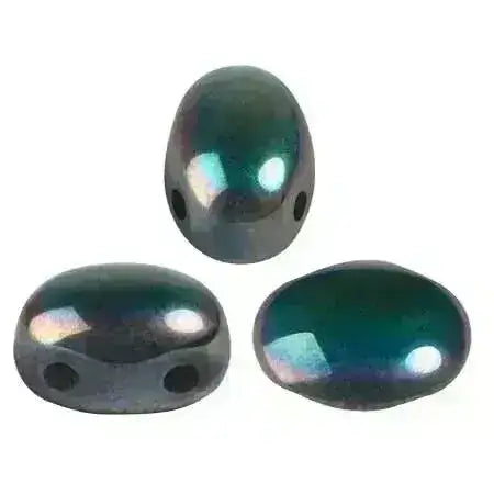 Three metallic green 2-hole beads with a reflective surface on a white background